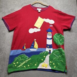 Quacker Factory Lighthouse Sweater Women's 1X Nautical Coastal Cottage Folk Art